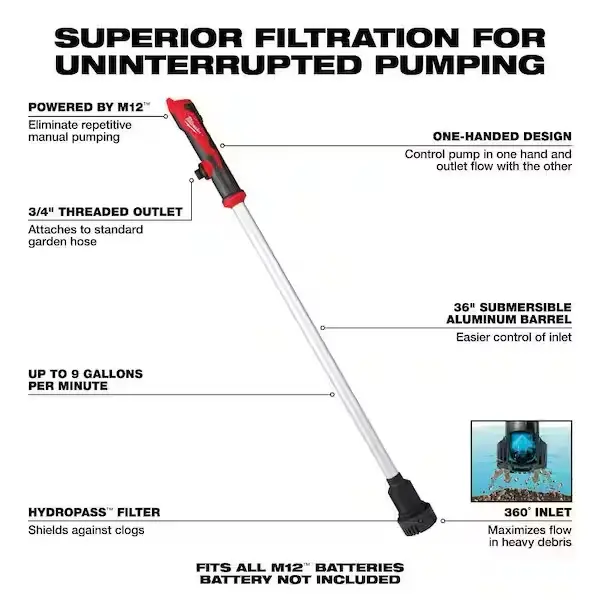 Milwaukee M12 12-Volt Lithium-Ion Cordless 9 GPM 0 hp. Submersible Stick Water Transfer Pump (Tool Only)