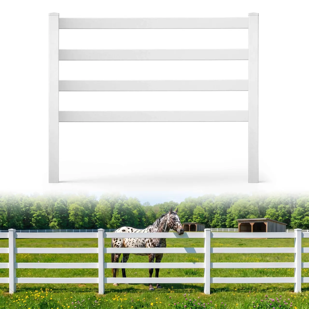 Fencer Wire 4-Rail Vinyl Ranch Fence Kit, 5ft H x 8ft W, White PVC Fence System with 7ft Line Posts & 8ft Rails, UV-Resistant, Easy Installation, Durable Outdoor Fencing for Ranch, Yard & Farm