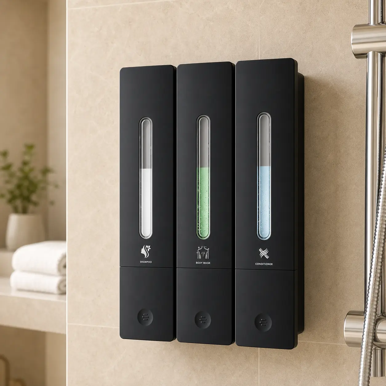 Shampoo and Conditioner Dispenser - Shower Soap Dispenser Wall Mounted No Drill - Shampoo Conditioner Body Wash Dispenser 3 Chamber - Easy Install for Bathroom Hotel Black 1200ml