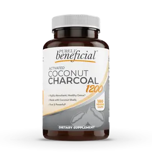 PURELY beneficial Activated Coconut Charcoal 1200mg, 180 Capsules - Pills for Digestive System, Bloating, Vegan (1bottle)
