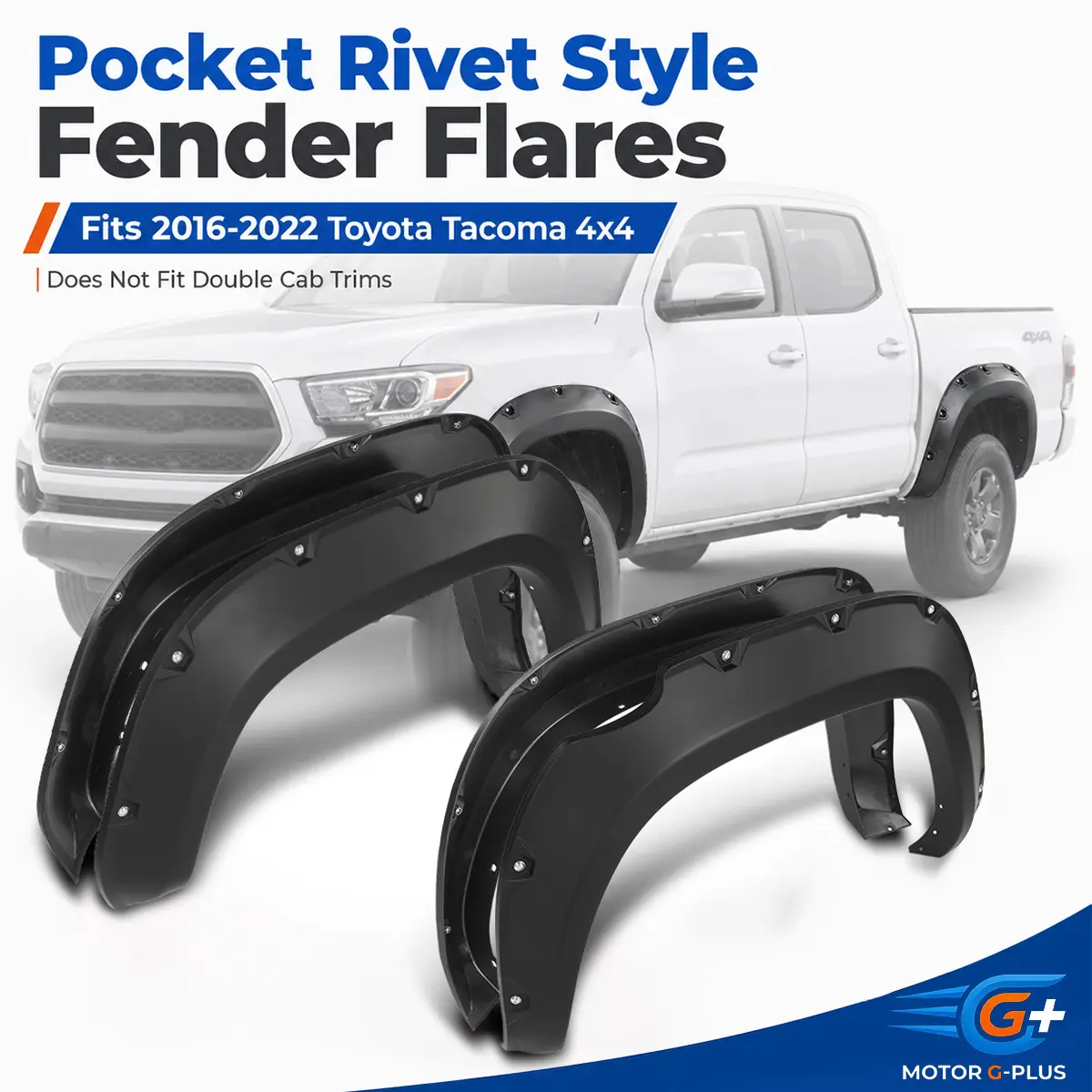 MOTOR GPLUS Pocket Rivet Injection-Molded Truck Wheel Fender Flares - 4x Flare Coverage, Smooth Design Car Exterior Accessories, Durable & UV Stable Rocksplash Guard for 16-22 Toyota Tacoma 4x4, Mud Flap & Aftermarket Tires/Wheels Compatible, Protection,