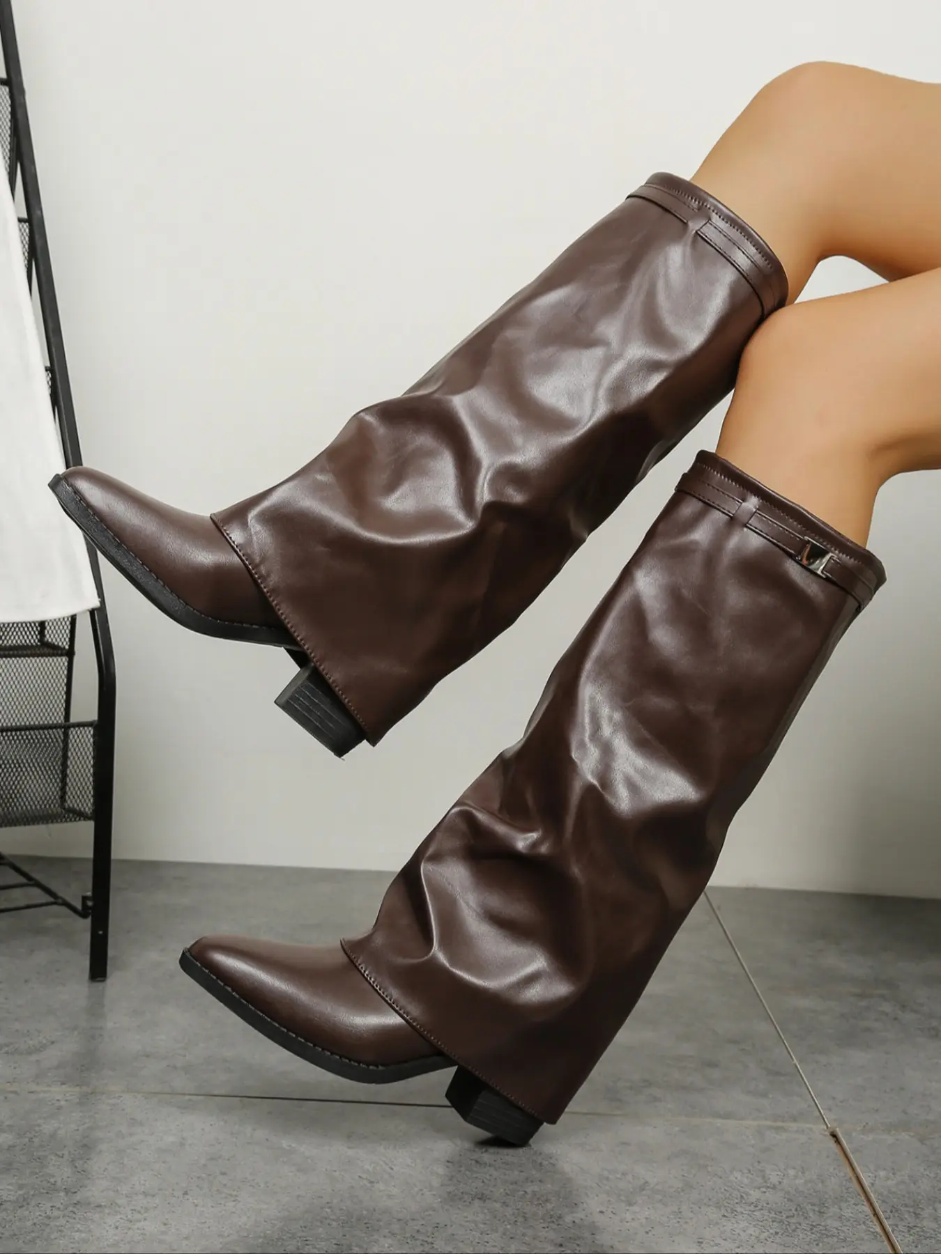 Women's PU Leather Foldable Shark Classic Buckle High Top Western Inspired Boots, Fashionable and Durable Footwear Boot Shoes for Stylish Women
