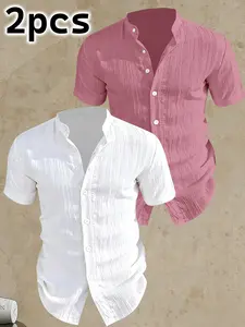 Men's Summer Short Sleeve Shirts, Lightweight Breathable Casual Button-Up, Stand Collar Design, Beach Vacation Pool Party Daily Wear