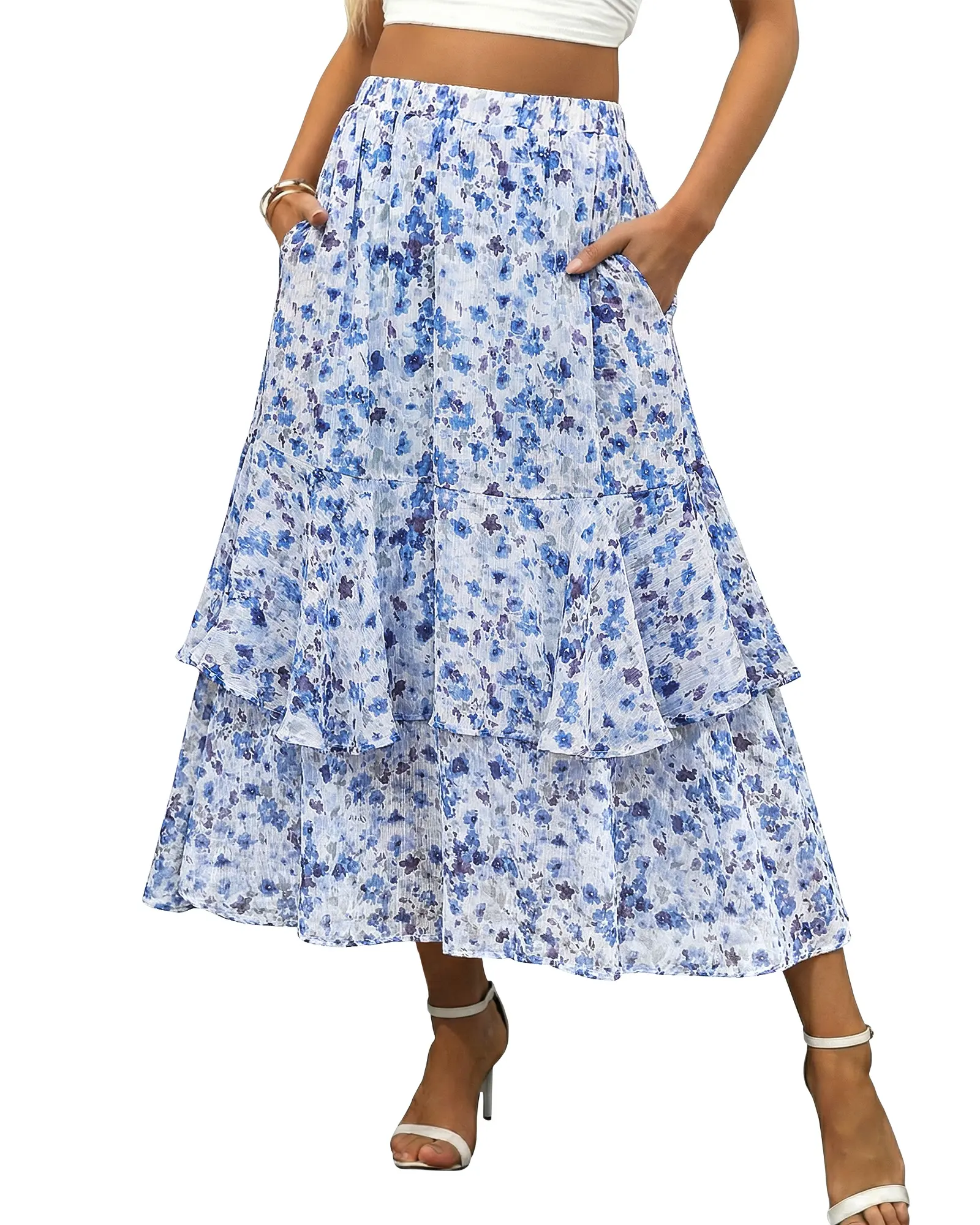 luvamia Women's Boho Floral Chiffon Maxi Skirt, High Waisted Long Flowy A-Line Tiered Ruffle Summer Skirt with Pockets, High Waist, Polyester, Skirts For Women