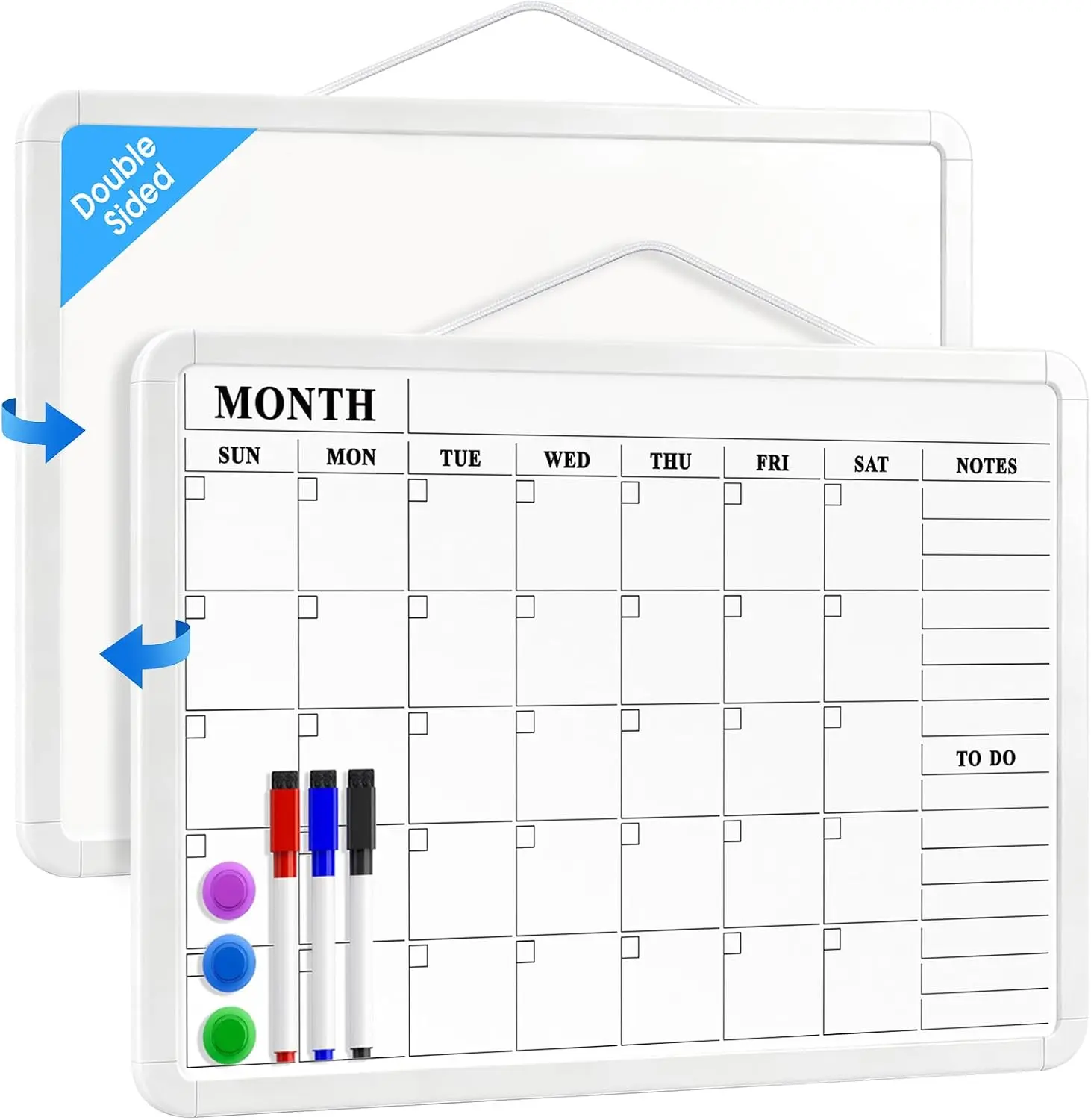 MaxGear Monthly Dry Erase Calendar Board, 11 x 17 Inch Magnetic Whiteboard | Double-Sided Design with Monthly Planner on Front, Blank Board on Back, Includes 3 Color Markers and 3 Magnets