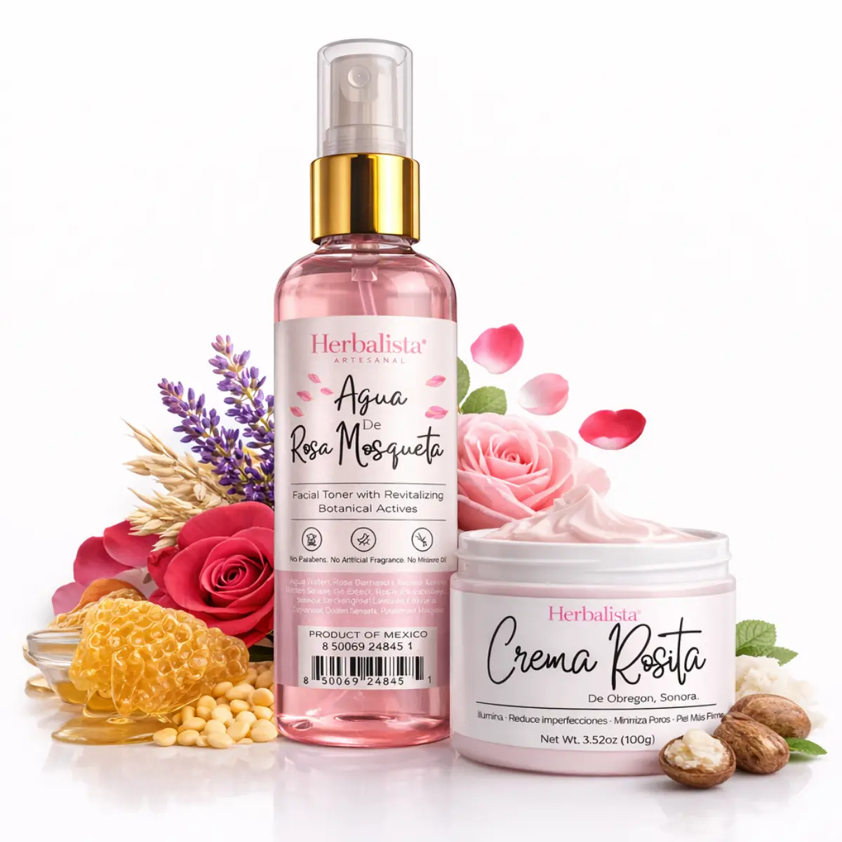 Herbalista La Original Crema Rosita de Obregón Glow Bundle, Adults' 2-Piece Skincare Set - Rose Water Toner, Hydrating Shea Cream with Beeswax, Non-Toxic, Dewy Finish, Nourishing, Brightening, 24-Month Use, Daytime, All Skin Types