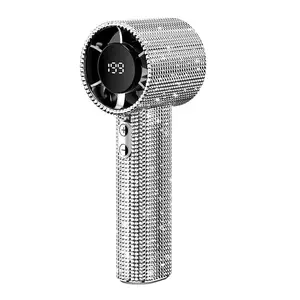 Diamond-Shimmering Luxury Fan-A Portable Handheld Turbo Fan 3 Gear Wind Rechargeable Long Battery Life Hand Fan With Digital Display For Outdoor Activities Travel Office Strong Boosting Output Long Distance Blowing