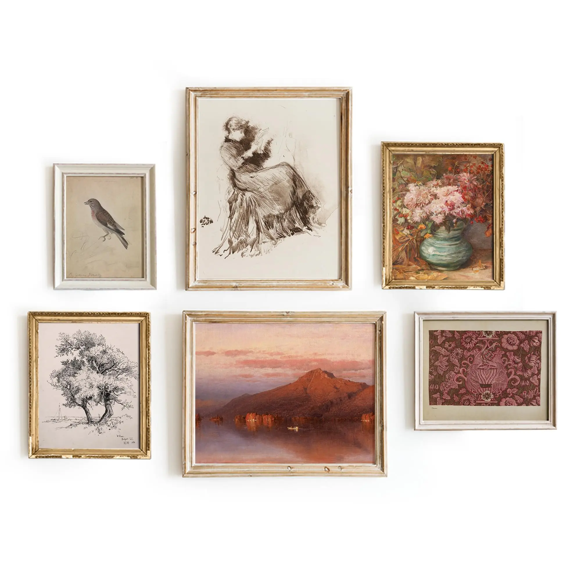 Romantic Vintage European Prints Wall Art Decor Vintage Landscape - Vintage Woman, Flower Bird Mountains Landscape Painting, Sketch Farmhouse Art Prints, French Country Decor Set 6 (UNFRAMED)