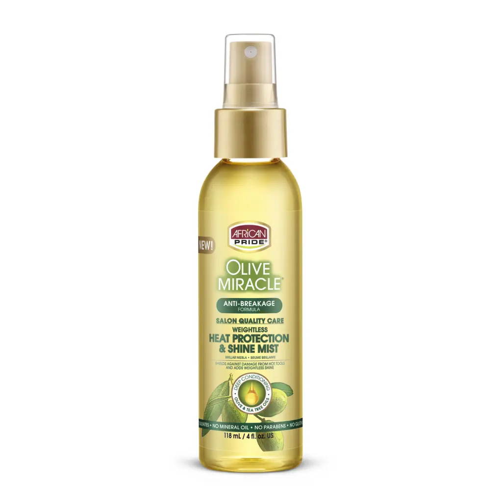 African Pride Olive Miracle Heat Protectant & Shine Mist, 4 oz Unisex Haircare Serum with Tea Tree Oil - Biotin, Formaldehyde-Free, Phthalate-Free Leave-In Treatment, Silkening Tools, Frizz Control, Nourishing Shine, Weightless Formula, Heat Protection, S