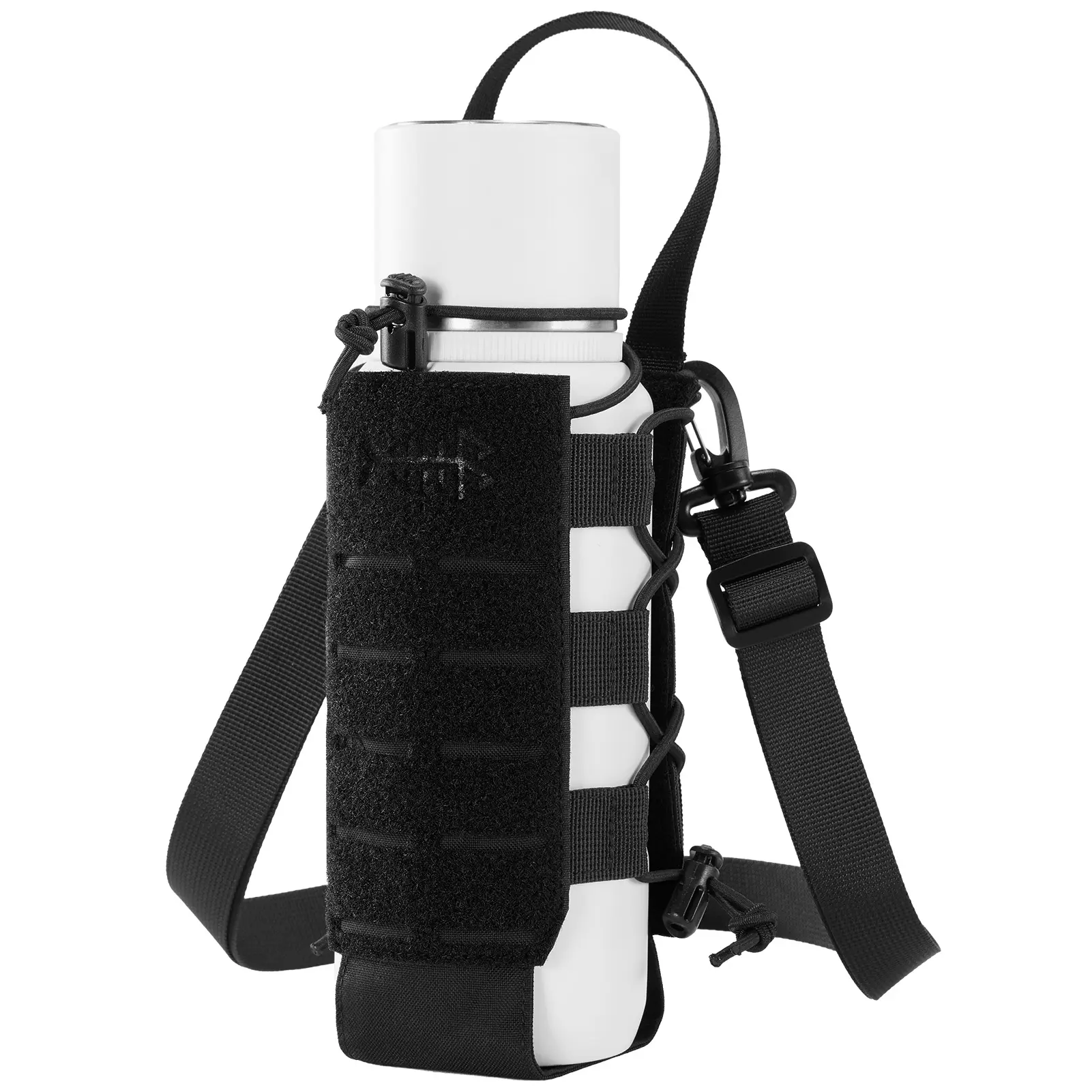 Bassdash Water Bottle Holder, Tactical MOLLE Pouch in 500D Nylon, Portable & Adjustable with Detachable Shoulder Strap for Hiking, Camping, Plastic, Glass, Steel, Sturdy, Hunting, Outdoor Gear, Laser Cut Slots