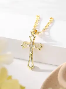 Fashionable Eastern Orthodox Cross Pendant Necklace, 14k Gold Plated Hollow Sacred Christian Jewelry Accessory, Flat Chain, Cross Design Pendant, Holiday Blessing Prayer Party