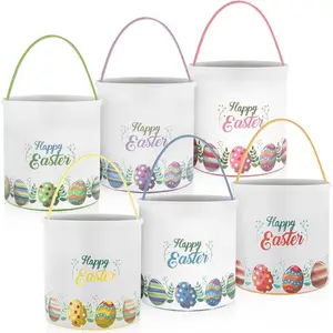 6 PCS Easter Eggs Hunt Basket for Kids Bunny Canvas Tote Carry Bags(Color 8,Colorful Eggs)