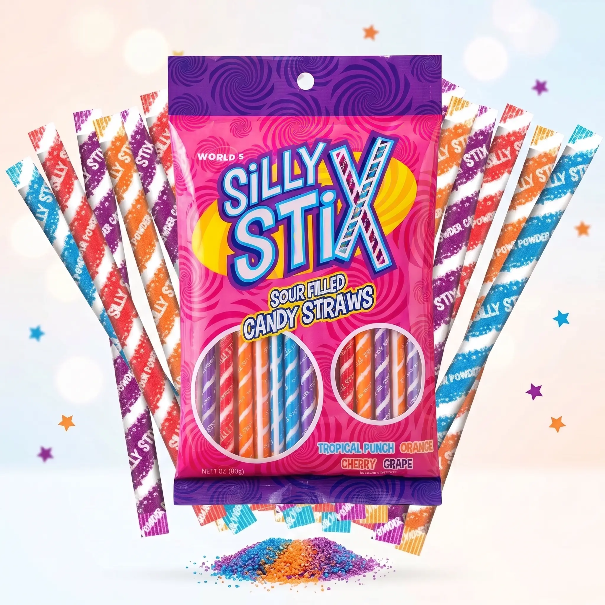Silly Stix Candy Straws – 2.75 oz Bag of Pixie Stick Style Sour Candy – 4 Fruity Flavors – Nostalgic Powder-Filled Straws – Sweet & Sour Classic Candy Treat
