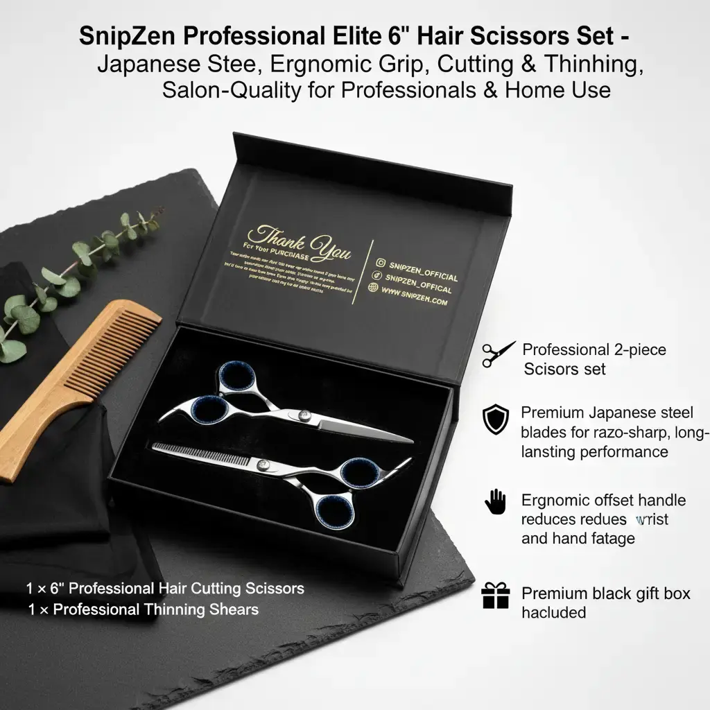 SnipZen Professional Pro 6"barber Hair Scissors Set - Japanese Steel Blades, Ergonomic Grip, Cutting & Thinning Shears, Salon-Quality, Premium Gift Box for Professionals, Home Use Haircare