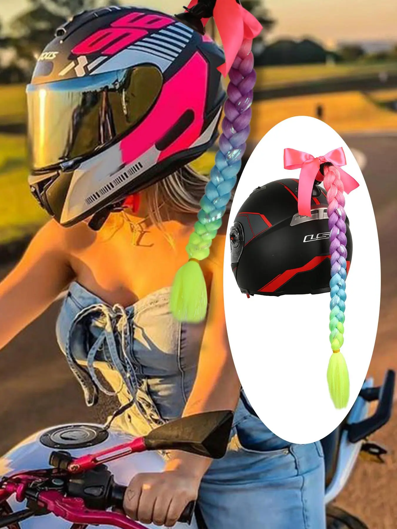 20 Inch Colorful Glitter Vibrant Bow Decor Hair Braids, Ombre Color Helmet Hair Extensions, Helmet Braids with Detachable Suction Cup, Motorcycle Motorbike Helmet Braided Ponytails, Festival