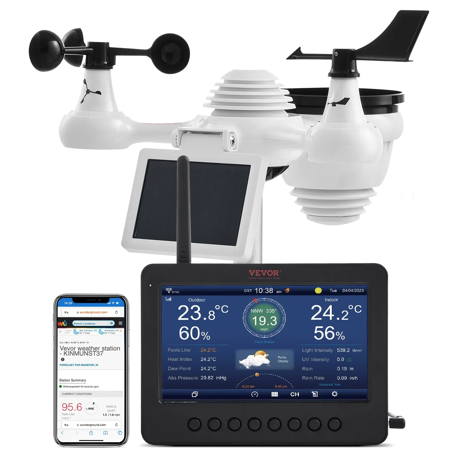 VEVOR 7-in-1 Wi-Fi Weather Station with 7in TFT Digital Display, Wireless Outdoor Sensor, Solar-Powered Thermometer, Temperature Humidity Sensors, Water-Resistant Hygrometer for House, Bedroom
