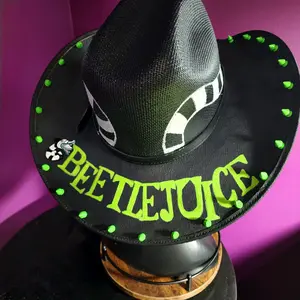 Beetlejuice Sandworm Inspired Horror Cowboy Hat Hand Painted With Green Spikes