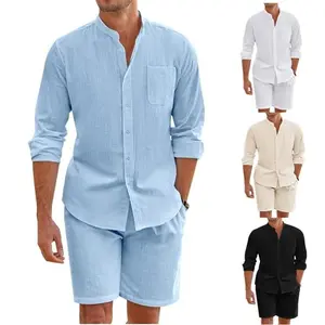 Summer Men's Casual Sets Breathable Cotton Linen Vintage Stand Collar Shirts+Shorts Sets Men Comfortable Breathable Beach Suits