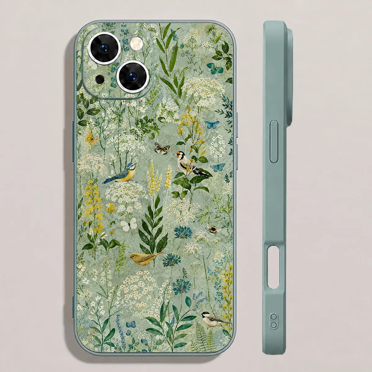 Wildflower Songbird Garden Bee Water-Resistant Slim Protective Phone Case, Sage Botanical Meadow Cover, Fits iOS Devices (iPhone 17,16,15,14,13,12,11,X Plus Pro Max) – Bird Lover Mobile Accessory Gift