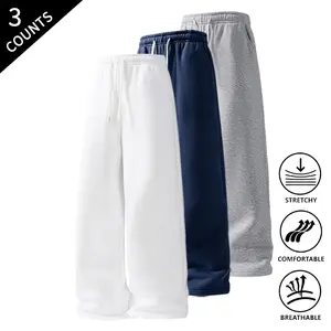 3-Pack Men’s Loose Fit Straight Leg Pants, Elastic Drawstring Waistband, Stretchable & Breathable, Casual Loungewear & Streetwear Pants for Men