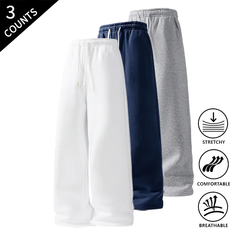 3-Pack Men’s Loose Fit Straight Leg Pants, Elastic Drawstring Waistband, Stretchable & Breathable, Casual Loungewear & Streetwear Pants for Men