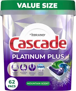 Cascade Platinum Plus ActionPacs Dishwasher Detergent Pods, Dishwasher Soap, Cleaning Supplies, Mountain, 62 Count