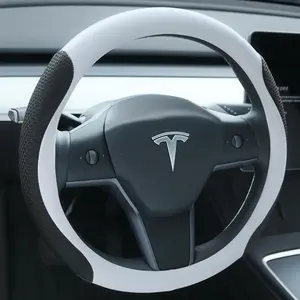 Nappa Leather Steering Wheel Cover for  Model 3/Y 2016-2025, Non-Slip Breathable  Model 3/Y Steering Wheel Protector, White