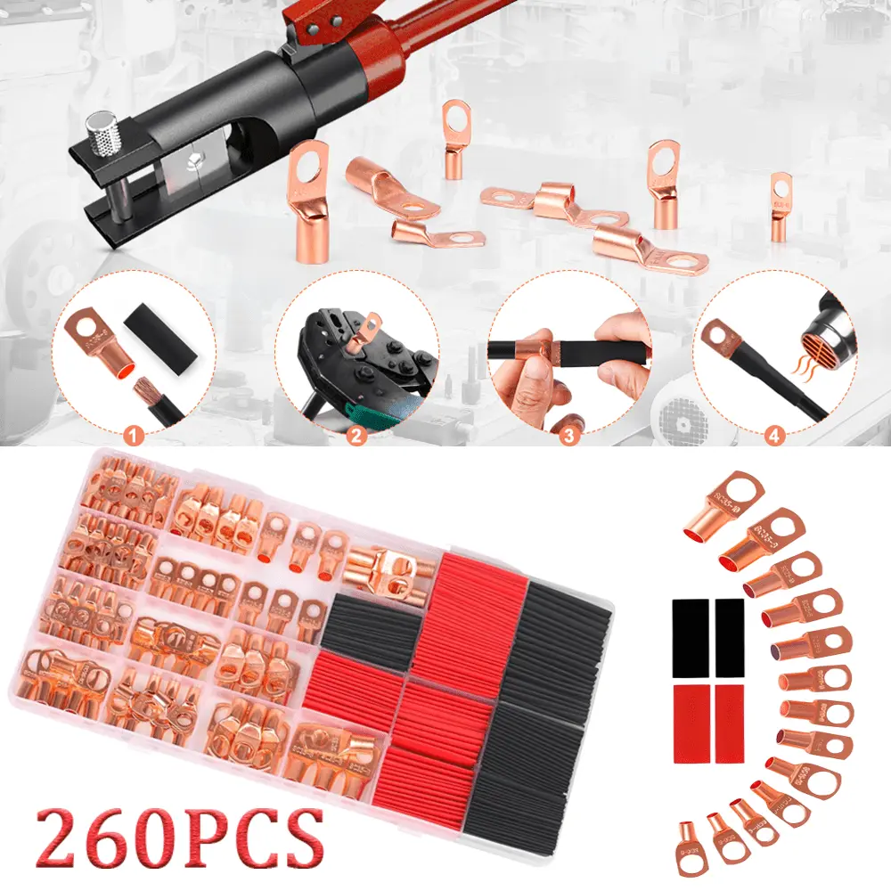 260PCS Copper Wire Lugs, 2-12 Gauge Battery Cable Ends,Ring Terminals Connectors, 120Pcs Battery Cable Lugs Ends and 140Pcs Heat Shrink Assortment Kit