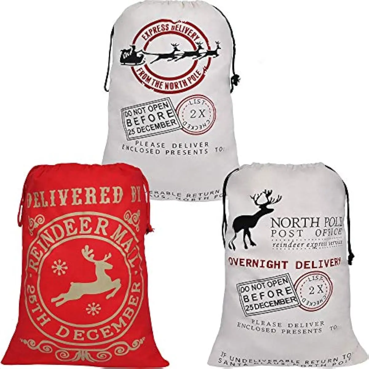 JOYIN 3 PCS Christmas Large Canvas Gift Bag 26" x 19", Drawstring Santa Burlap Sack Reusable Personalized Cloth Pouch for Xmas Presents Package, Party Supplies, Hoilday Decoration