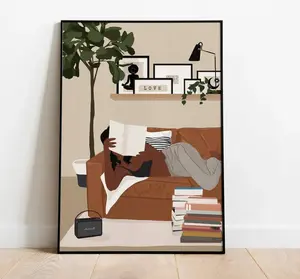 Afro Girl Reading Wall Art, Lying On Couch With Books Poster, Chill Intellectual Prints For Reading Corner Decor