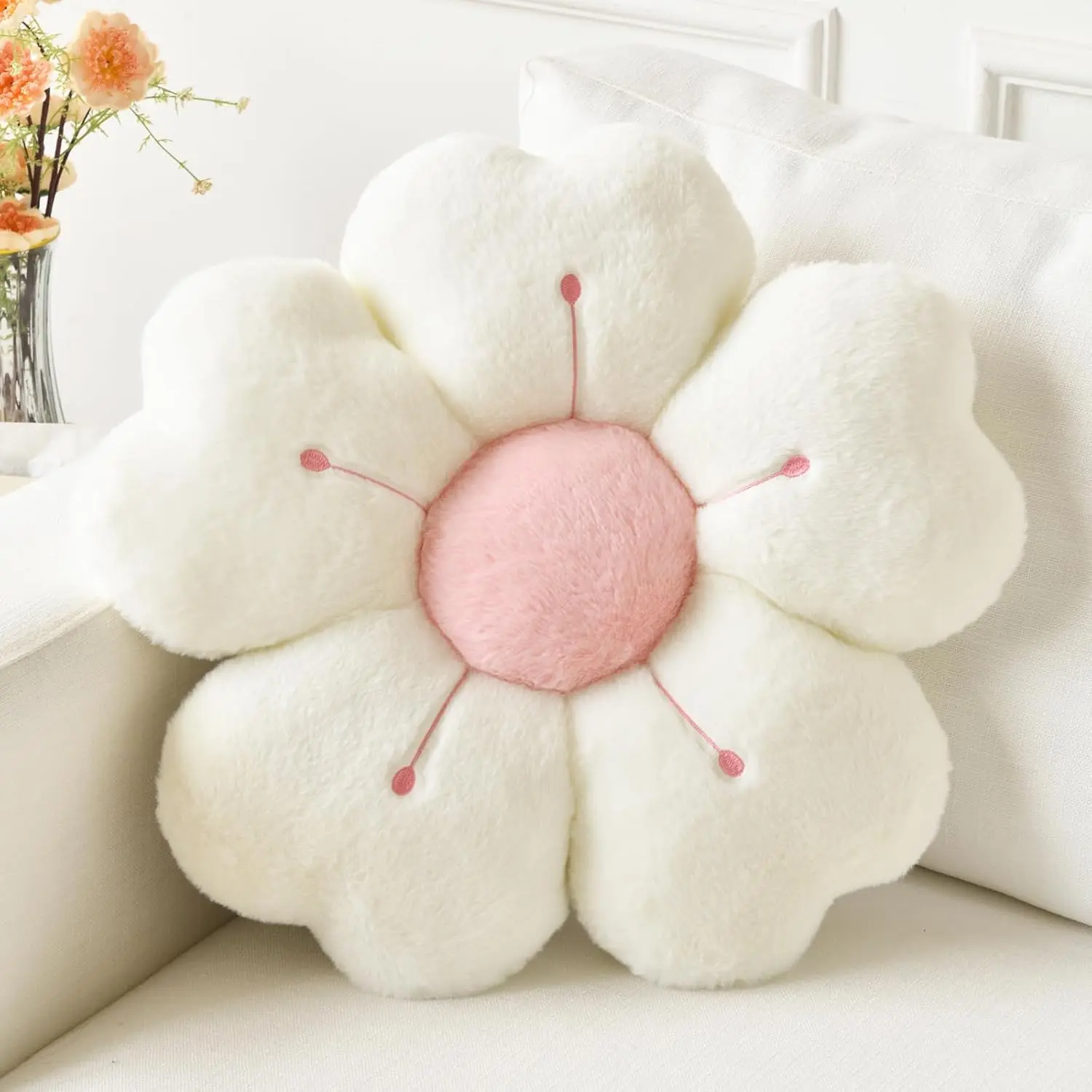Short Plush Faux Synthetic Daisy Pillow - Durable Floral Flower-Shaped Decorative Throw Pillow for Bedding, Couch Seating Accessories