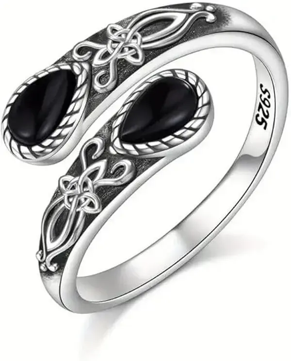 Women's Retro Gothic Fashion Ring - Vintage Inspired Antique Silver Celtic Knot, Teardrop Black Onyx, Resizable Open Wrap Band, Emotional Balance Gift, Comfortable Wear, Mother’s Day Idea