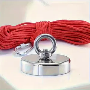 D48 Magnet + Rope Stainless Steel Heavy Duty Strong Magnetic Hook with Rope, Heavy Rescue Fishing Tool, Polished Surface Underwater Recovery Equipment