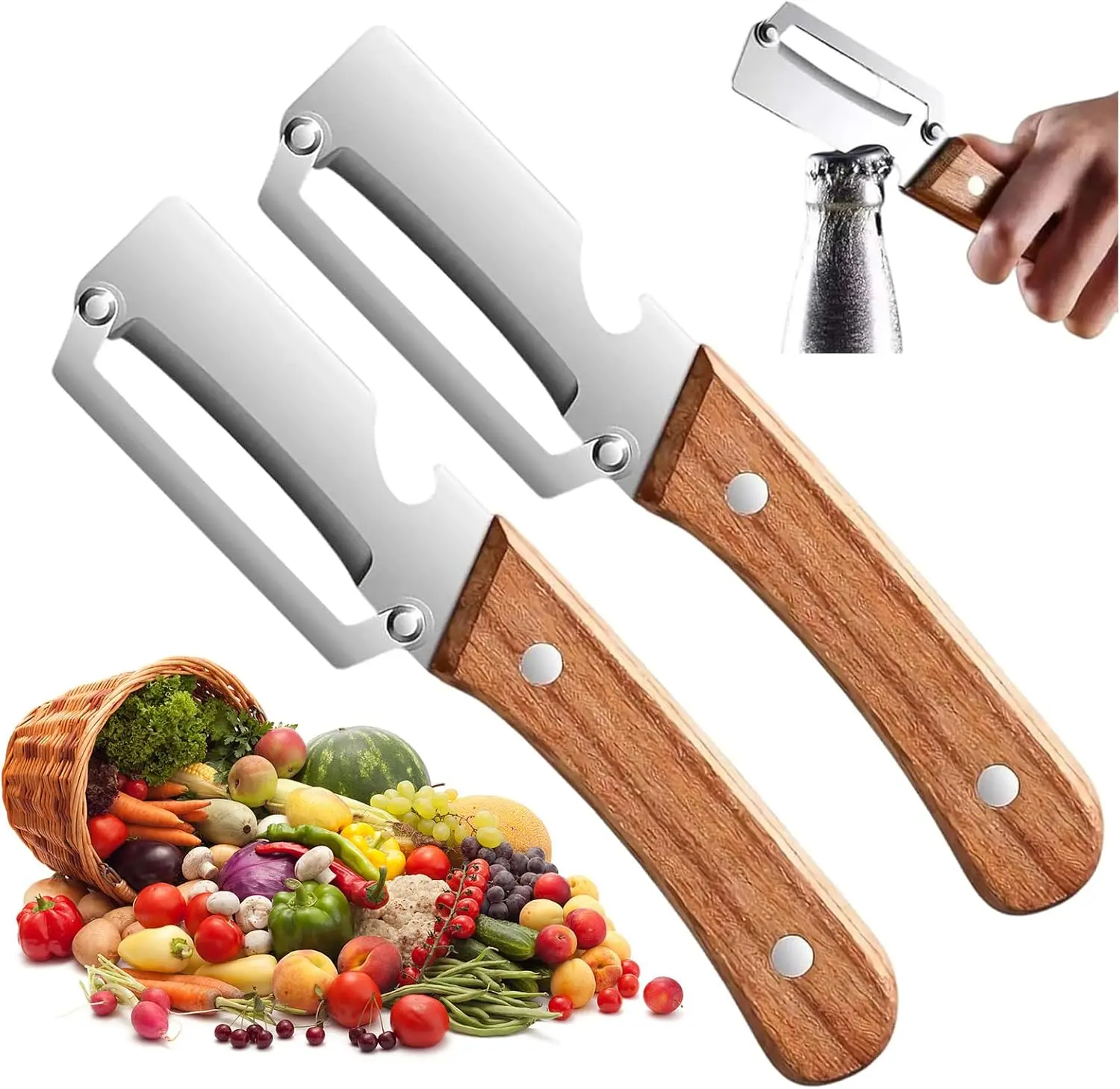 NO BRANDE 2-Pack 2-In-1 Stainless Steel Kitchen Utensils - Ergonomic Wood Handle, Efficient Blade, Smooth Peeling, Lightweight Portable Design, Built-In Bottle Opener, For Fruits And Vegetables