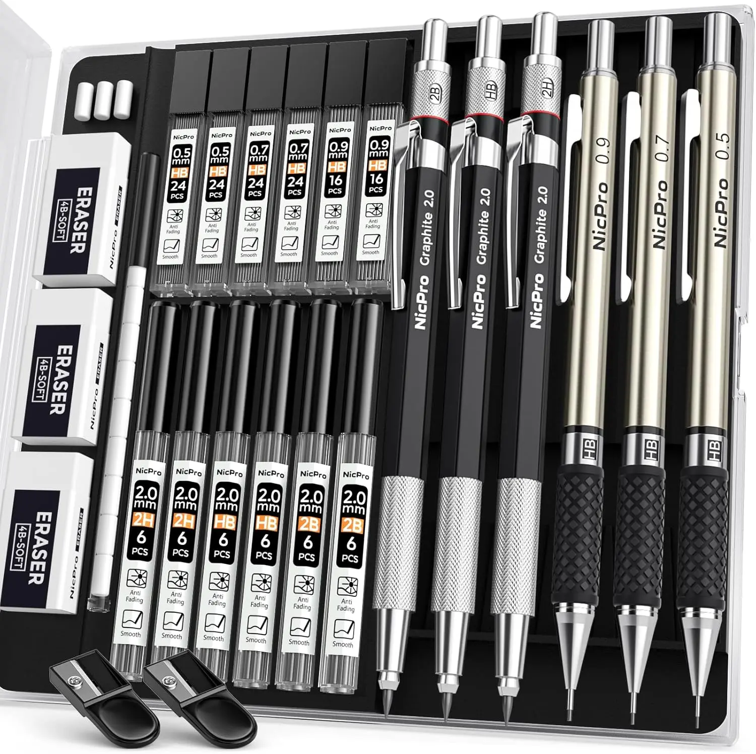 Nicpro 2.0 mm Compact Metal Mechanical Pencil Set - Drafting Pencils, Graphite Lead Holder with Lead Refills Case for Writing, Sketching, Compact Metal Pencils
