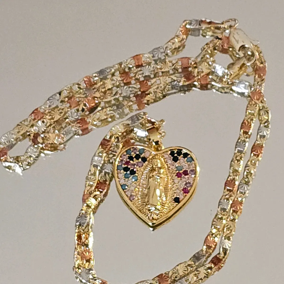 N5-Tricolor Set of Three 3mm 20" Chain with Heart-Style Virgin of Guadalupe Pendant, Plated in 14 Karat Gold, Casual Jewelry for Adults not a water resistant