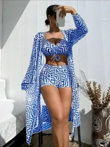 Women's Geometric Print Swimsuit Set, Tummy Control Swimwear, Casual Ruched Swim Top & Swim Shorts & Long Sleeve Open Front Cover Up Set, Ladies Bikini Set for Beach Holiday Vacation