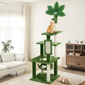 WeCharmer Cat Tree / Tower for Indoor with Green Leaves, Cat Condo Cozy Plush House, Pet House with Cat Scratching Posts