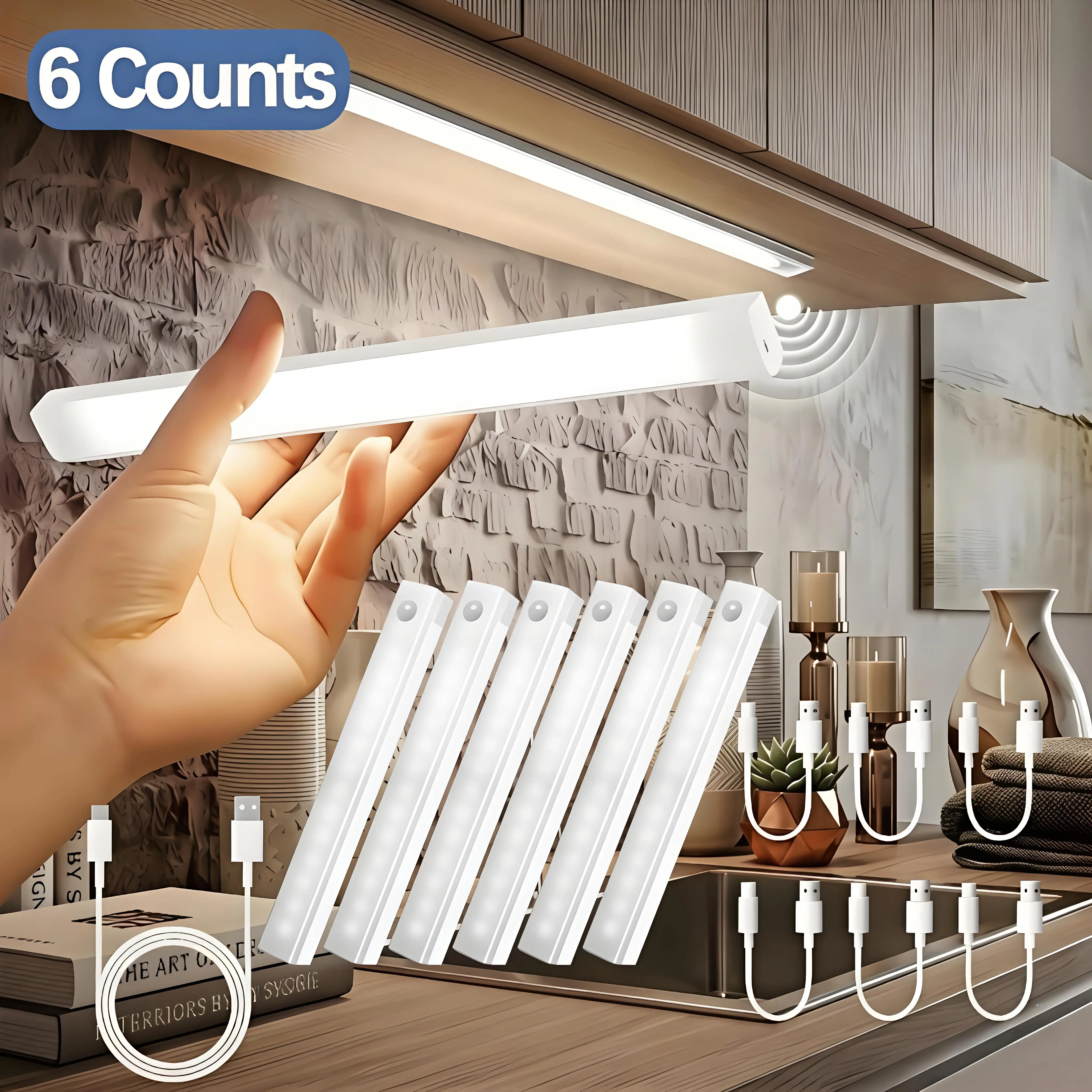 6-Pack Smart Night Lights - Wireless Magnetic Rechargeable Stick-On Under Cabinet Lights, 11.8in Motion-Activated Instant On, Dimmable White Color Temp, Ideal for Kitchen, Stairs (Wireless Magnetic Lamp)