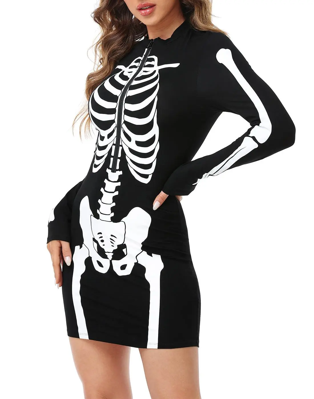 HDE Women's Breathable Spandex Bodycon Skull Dress - Cute, Fit Halloween Costume with Zipper Shirt, Festival Wear