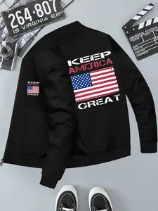 Men's Fitted Full Zip American Flag Pilot Jacket, Back Print Keep America Great, Stand Collar Pockets, Heavy Winter Coat, Casual Aviation Style, Long Sleeve, Casual Zipper Coat
