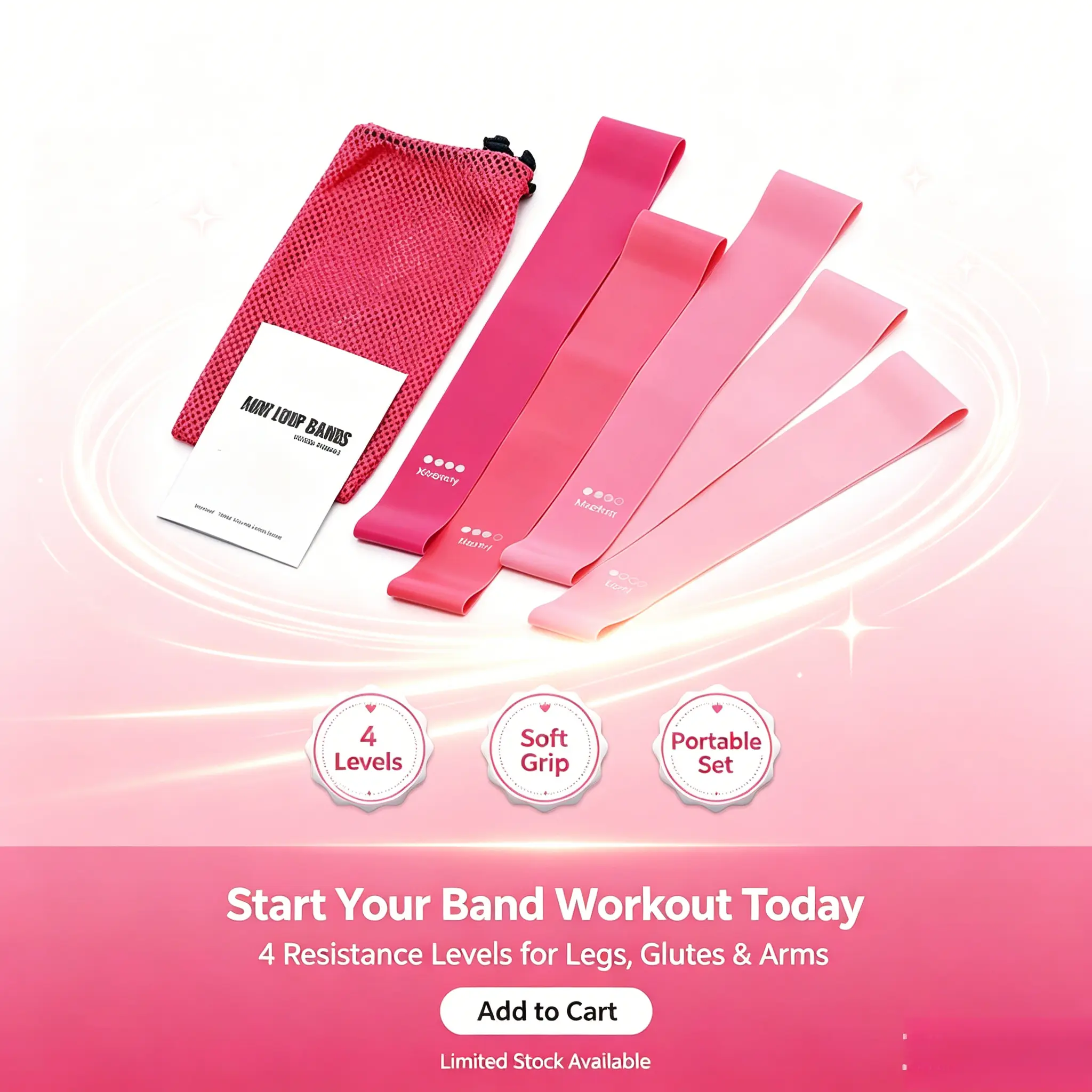 Fabric Resistance Bands Set, Pink Multi-Level Loop Bands for Women for Targeted Glute, Leg, and Arm Toning, Portable for Home Workouts, Set Pack, Targeted Areas