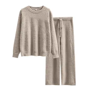 ANRABESS Women's Fuzzy Fleece Pajama Sets 2 Piece Outfits Long Sleeve Top Wide Leg Pants Lounge Matching Set 2025 Fall Winter
