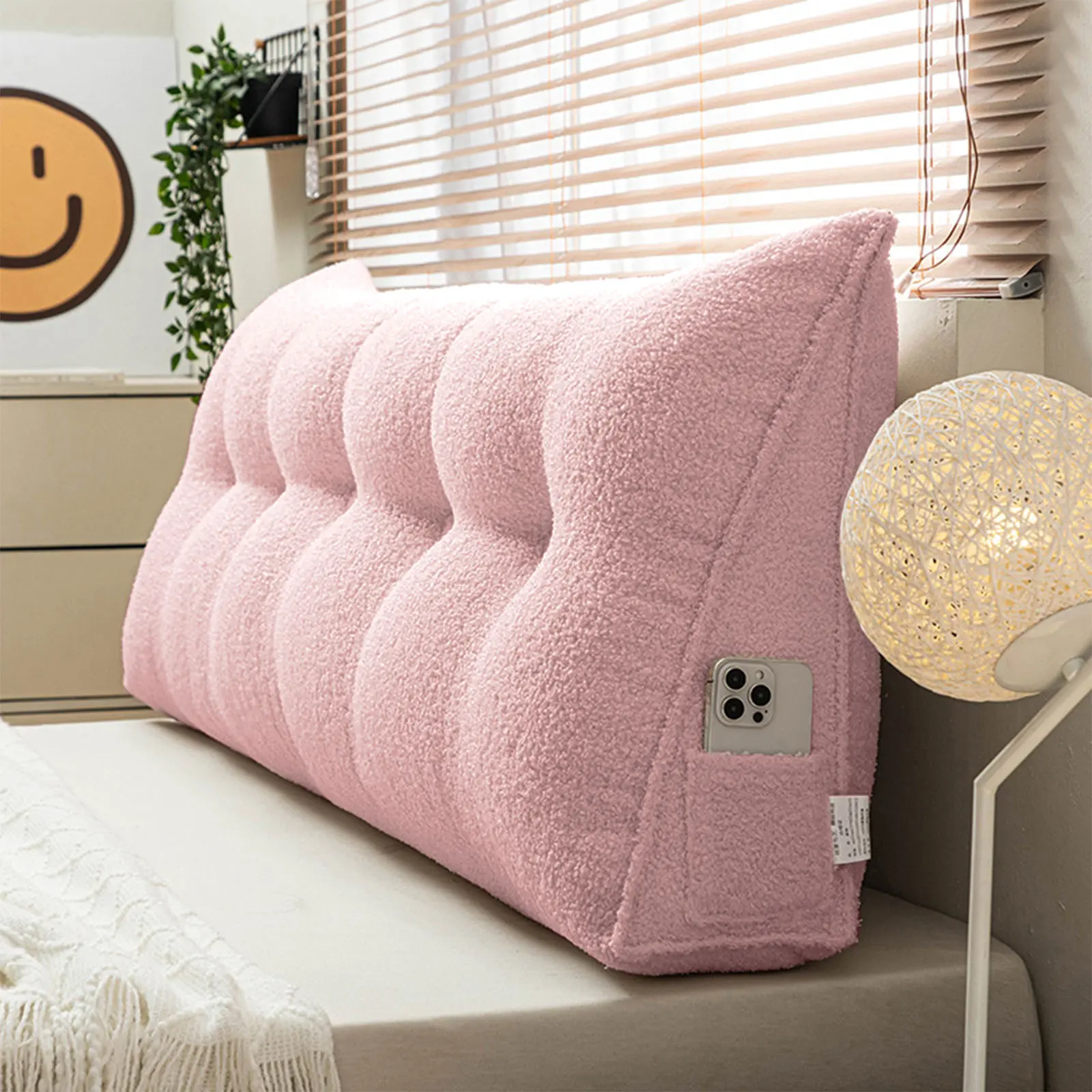 Teddy Fleece Velvet Wedge Pillow Headboard, Ergonomic Triangular Bed Rest with Side Pockets, Removable Cover, Posture Fix for Cozy Corner, Neck & Low Back Pain Relief Support Cushion, Neck Pain Relief