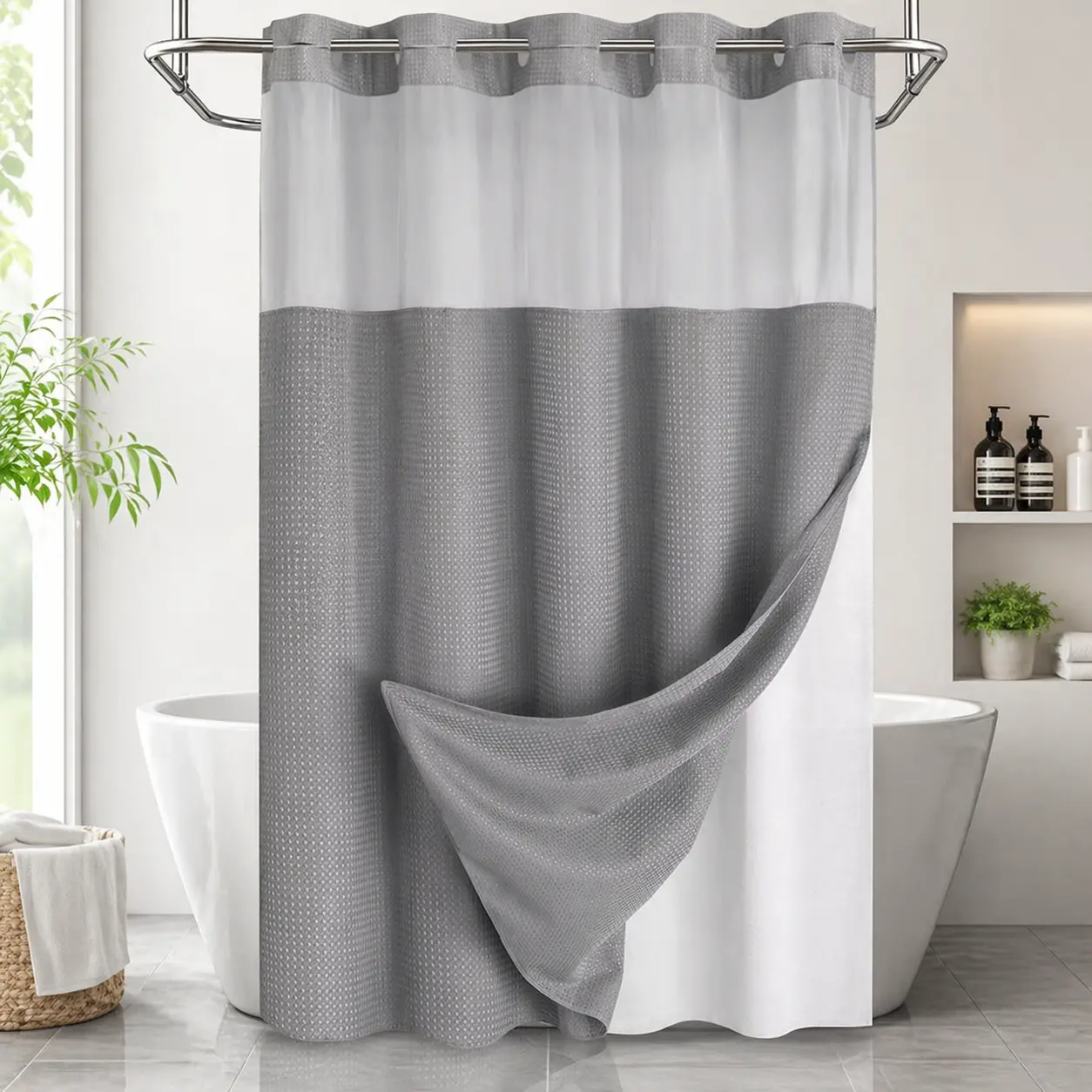72x75in Dark Grey Waffle Weave Hookless Snap Shower Curtain Set - Waterproof Double-Layer Hotel-Style Bathroom Accessory with Snap-In Fabric Liner, Sheer Window, Grey（72*75In）
