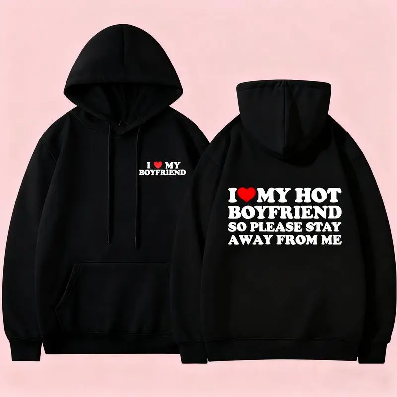 Unisex Black Oversized Hoodie - Printed with "I Love My Handsome Boyfriend / Girlfriend" on the Back, Couple's Sweatshirt, Casual Long-Sleeve Pullover, Perfect Gift for Couples faith hoodie