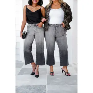 Judy Blue High Rise Vintage Grey Wash Cropped Wide Leg Jeans with Front Pocket Embroidery