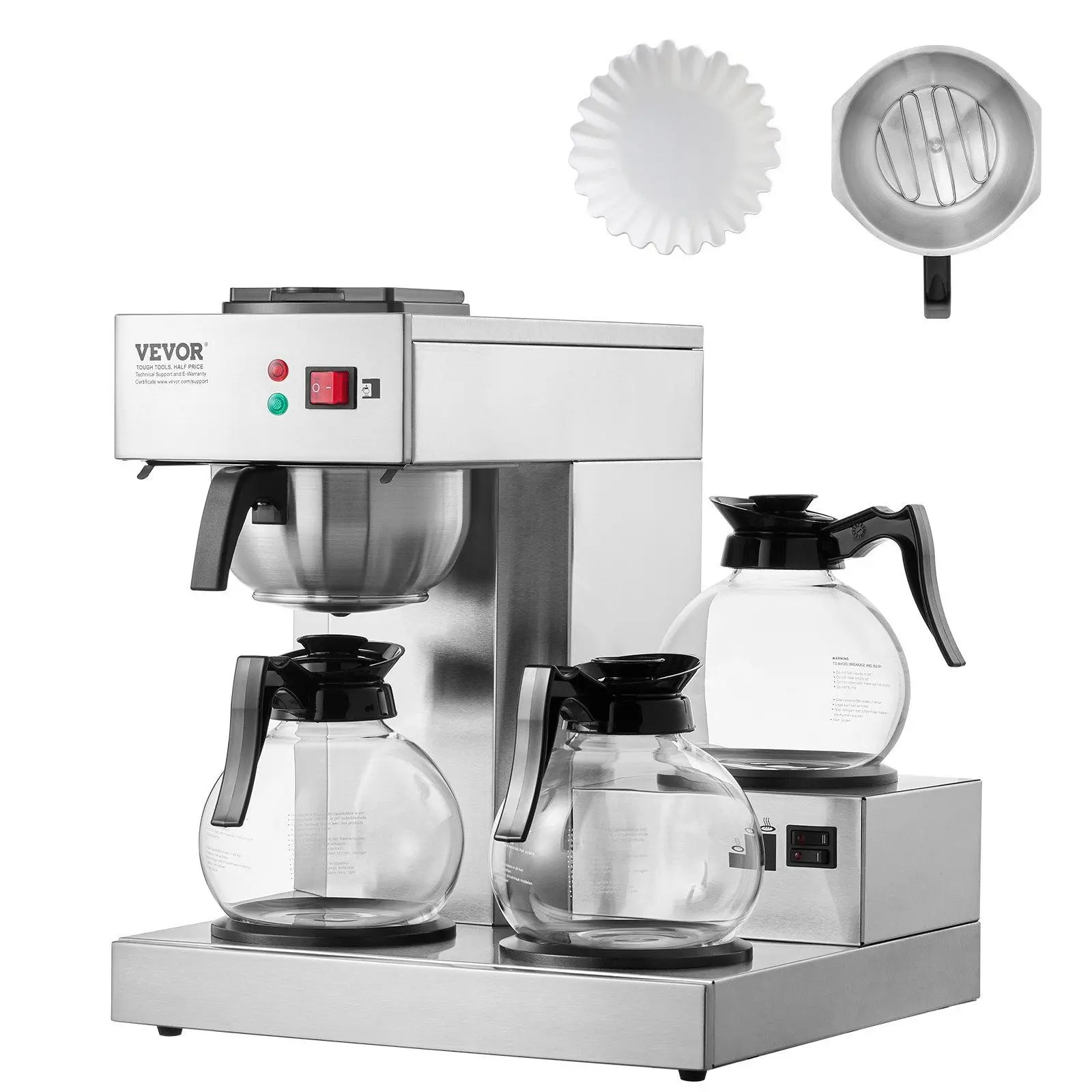 【Summerfinds】VEVOR 12 Cups Commercial Drip Coffee Maker,  Coffee Maker Machine with 3 Glass Carafes and 3 Warmer Plates, Stainless Steel Pour Over Coffee Brewer with Auto Water Intake, for Restaurant Office Cafe