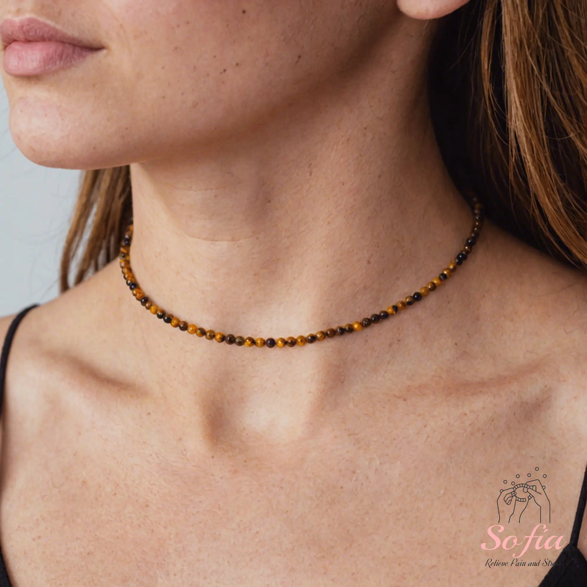 Women's Handmade Adjustable Length Natural Tiger Eye Stone Beaded Chain Choker Necklace - 15" Length, Tiny Faceted Gemstone, Waterproof Crystal, Minimalist Style, Daily Wear, Gift for Her