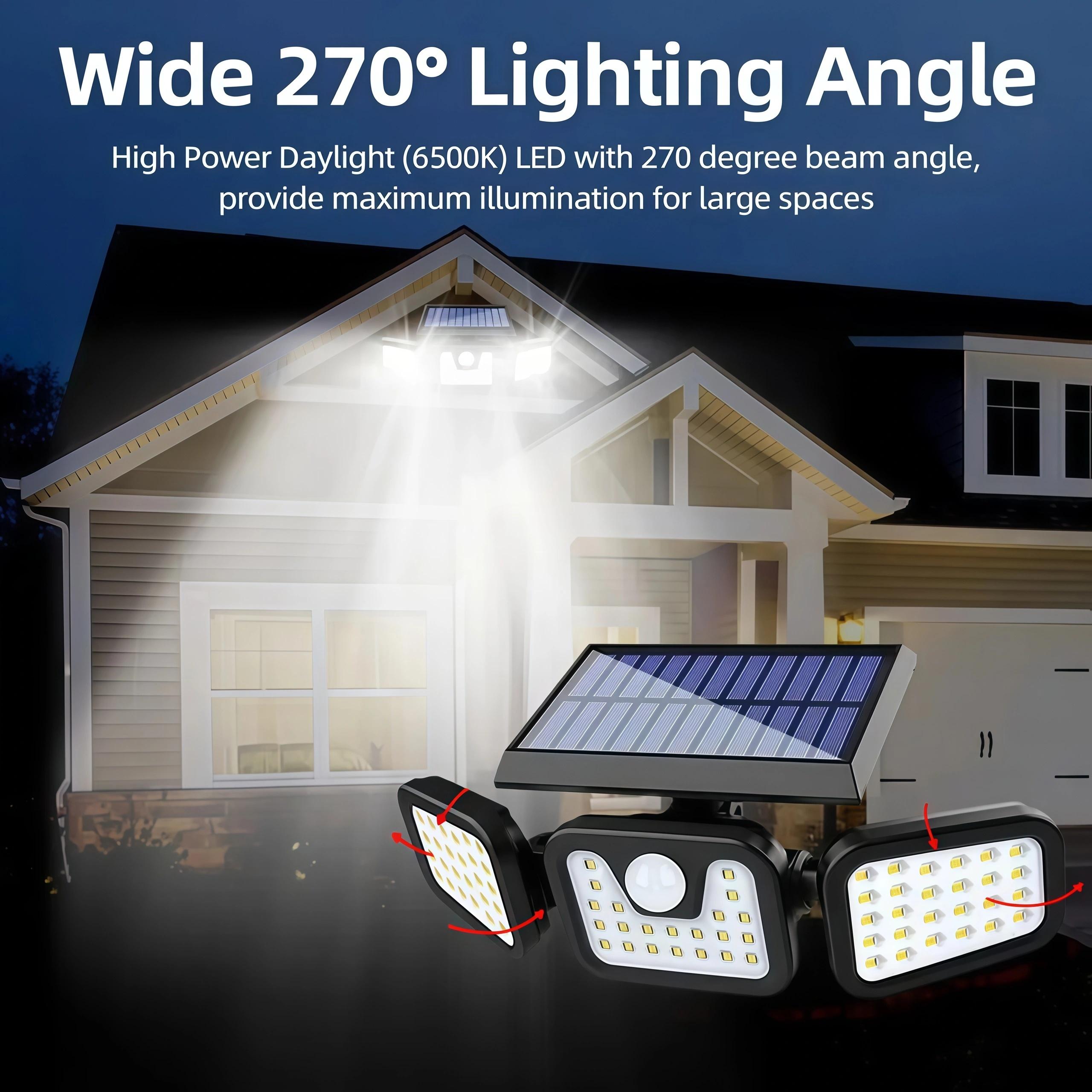 2 Packs Outdoor Solar Lights with Motion Sensor 3 Head Security Lights for Outdoor 2500LM Floodlight Spotlight Wide 270° Lighting Angle US 200m² Coverage